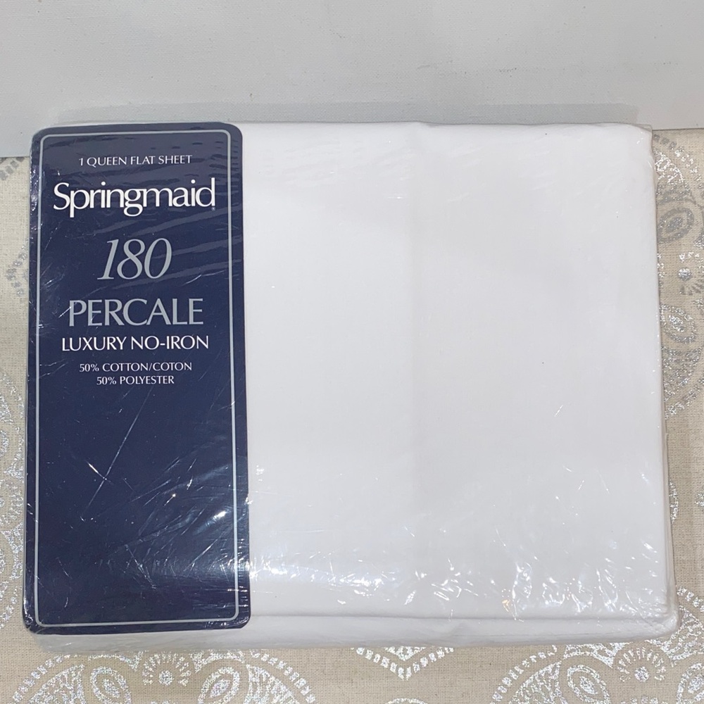 Springmaid Pinafore White 180 Percale Luxury No-Iron Queen Flat Sheet NEW